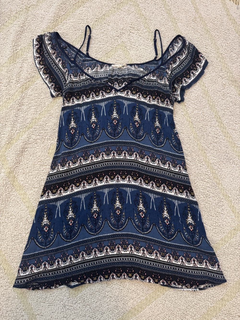 Hem & Thread Boho Cold Shoulder Dress Navy Print Flowy Small